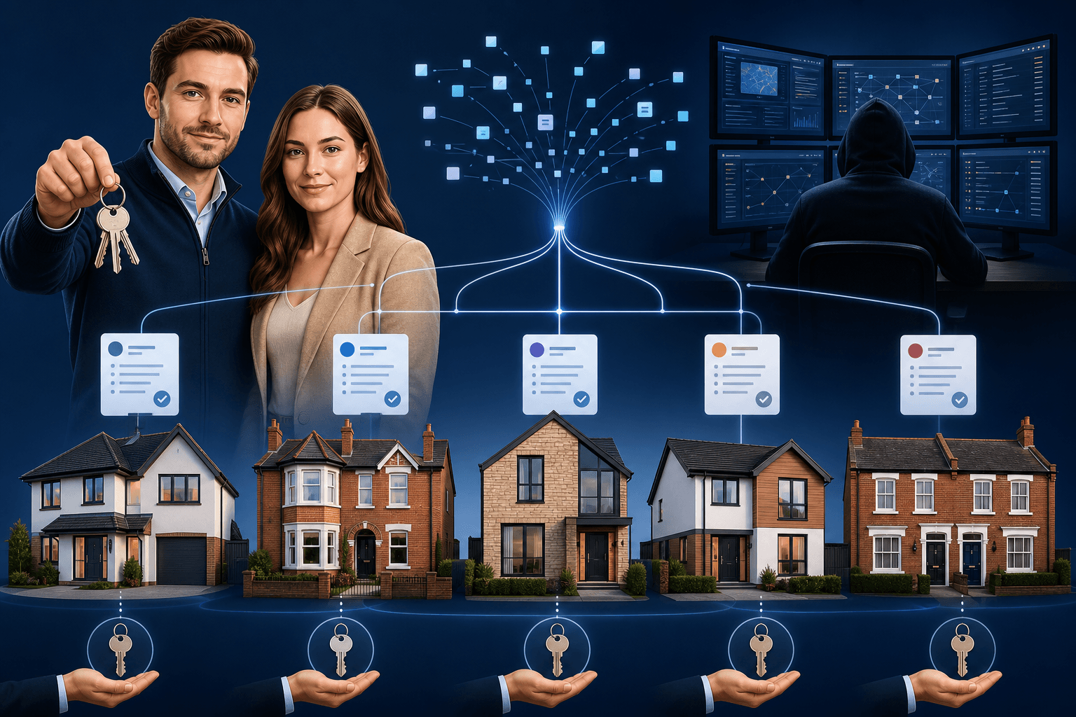 Illustration of two fictional applicants, five rental properties and one hidden organised operator